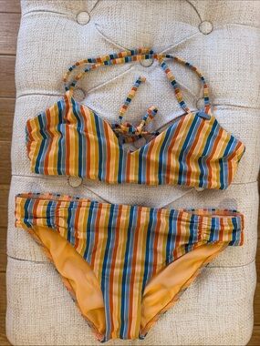 Roxy Striped Two-Piece Bikini - Orange, Blue, Yellow No Pads M
